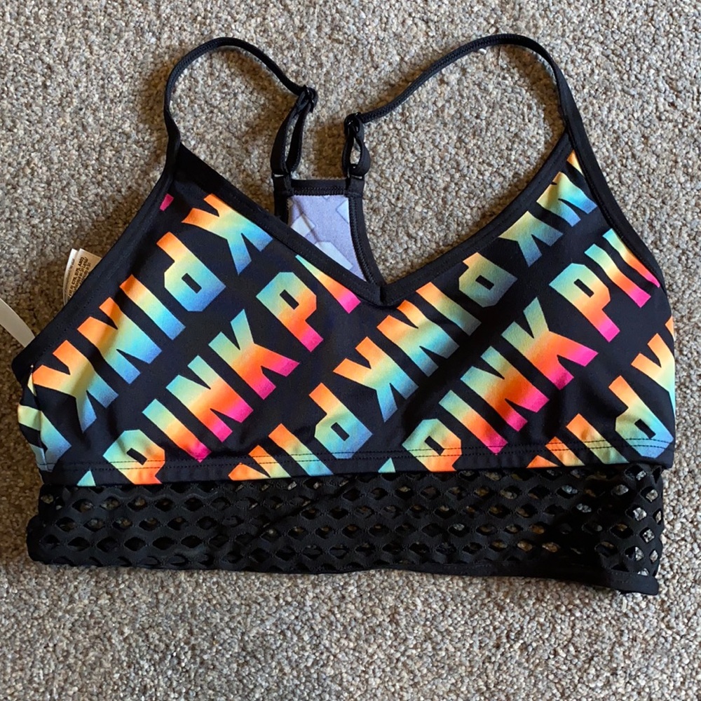 Rainbow logo pink sports bra with black netting